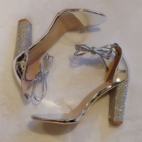 Lala Ika 4 Inch Block High Heels. Silver With Rhinestone Heel, Wrap Around Ties, And Clear Strap Across Toes. Md Shoes, Happiness Drama, Quince Heels, Silver Stiletto Heels, Quince Shoes, Expensive Heels, Hoco Shoes, High Heels Silver, Silver Heels Prom