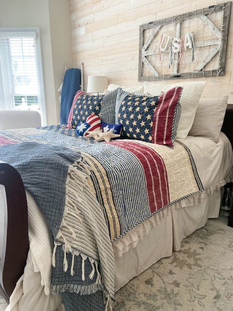 Our favorite summer holiday is just around the corner and our TORN AND TATTERED collection will have you ready to celebrate in farmhouse style! This AMERICANA FARMHOUSE QUILT SET is perfect to complete your patriotic look. ⁠ ⁠⁠ 📷️: @heartofwendy⁠ ⁠ ⁠ #myafh #antiquefarmhouse #farmhouse #merica #redwhiteandblue #4thofjuly #sweetsummertime #bedroomdecor #bedroom #bedding #quilt #pillows #interiordesigner #home #interiordesign #kidsroom #homeinspo #interiordecor #decor #homestyling #interior Red White And Blue Room Ideas Bedrooms, Red White And Blue Home Decor, Americana Bedroom Ideas, Red White Blue Bedroom, Americana Bedding, Patriotic Bedroom Ideas, Americana Decor Farmhouse Style, Americana Bedroom Decor, Red And Blue Bedroom