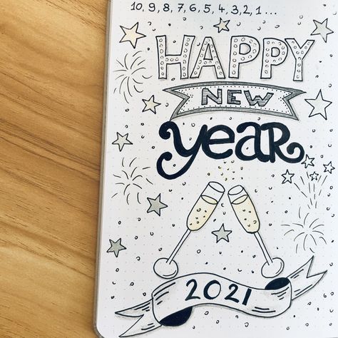 New Year Doodle 2023, Scrapbook Ideas New Year, New Year Bujo Ideas, Happy New Year Doodle Art, New Years Bujo Spread, Happy New Year Journal Ideas, Happy New Year Drawing Ideas 2023, Happy New Year Painting Ideas, New Year Journal Ideas 2023