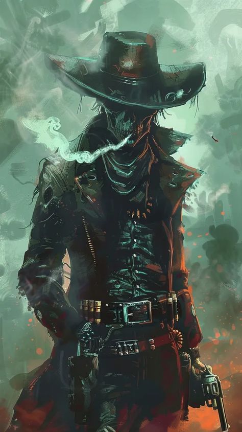 The image is a skeleton wearing a cowboy hat and smoking a cigarette. It is dressed in a black duster and has a gun belt with two revolvers ->> more details in ai-img-gen.com Gunslinger Skull Tattoo, Gunslinger Art Fantasy, Fantasy Skeleton Art, Dark Gunslinger, Cowboy Boot Reference, Anime Cowboy Art, Black Gunslinger, Gunslinger Oc, Cowboy Concept Art