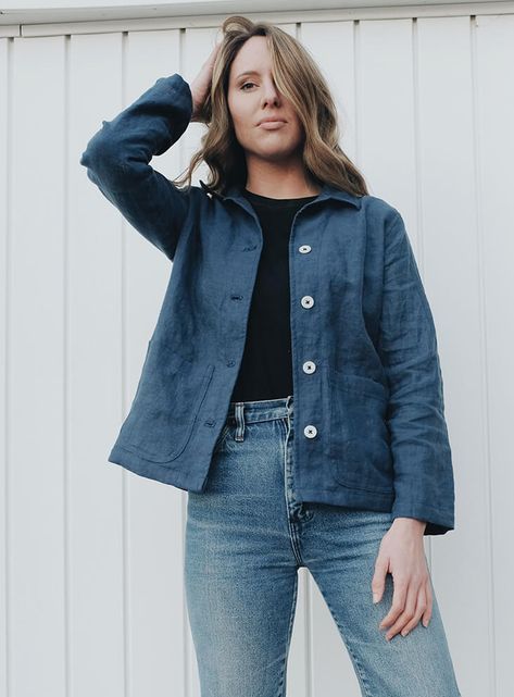 Chore Jacket Pattern, Free Jacket Pattern Sewing, Linen Jacket Pattern, Jean Jacket Sewing Pattern, Cropped Jacket Pattern, Chore Coat Pattern, French Chore Jacket, Blue Wardrobe, Sewn Clothes