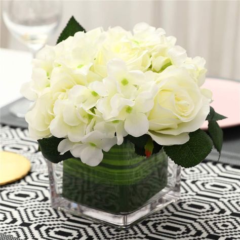 Yellow Orchids Centerpiece, Pride Diy, Hydrangea Flower Arrangements, Square Glass Vase, Fake Flower Arrangements, Diy Tableware, White Floral Arrangements, Candles Fragrance, White Centerpiece