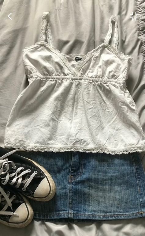 Brandy Melville Edith Tank, Malia Denim Skirt Brandy, Brandy Melville Mini Skirt, Brandy Melville Denim Skirt, White Skirt Mini, Brandy Outfits Aesthetic, Edith Lace Tank, Brandy Melville Skirt Outfits, Lace Tank Outfit