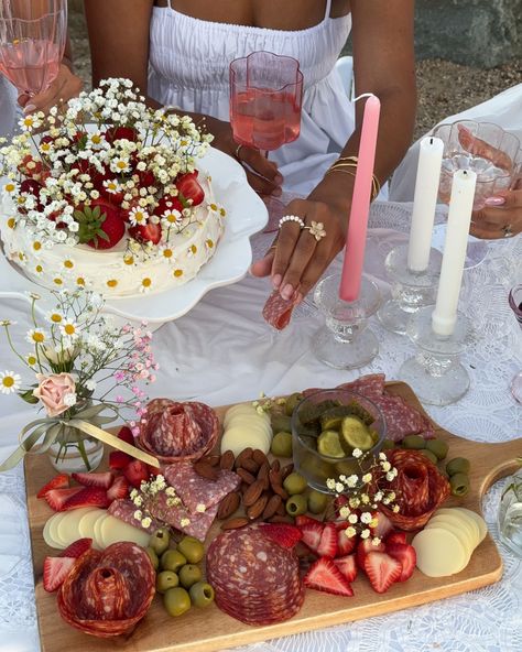 25th Birthday Charcuterie Board, Cute Easy Charcuterie Board, Birthday Dinner Desserts, Charcuterie Dinner Party, Charcuterie With Flowers, Garden 21st Birthday Party, Girly Charcuterie Board, Birthday Party Adult Woman, Wine And Charcuterie Party