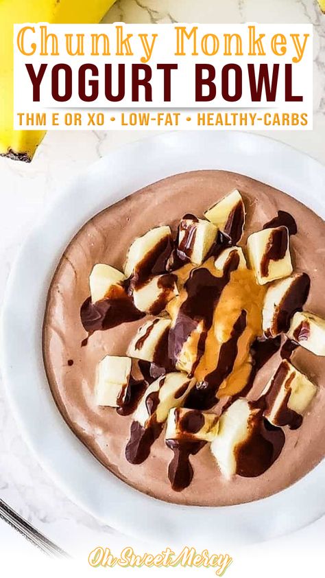 Chunky Monkey Yogurt Bowl, Greek Yogurt Banana Split, Bananas With Peanut Butter And Chocolate, Chunky Monkey Yogurt Clusters, Greek Yogurt Dessert Bowl, Thm Banana Recipes, Yogurt Peanut Butter Chocolate, Thm E Desserts, What To Make With Yogurt