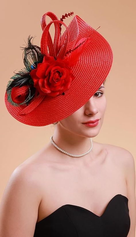 Cizoe Tea Party Hats Fascinators for Women Kentucky Derby Headpiece Peacock Feather Wedding Headware Bridal Headpiece(red) at Amazon Women’s Clothing store Derby Headpiece, Peacock Feather Wedding, Church Lady Hats, Ky Derby, Feather Wedding, Tea Party Hats, Kentucky Derby Hats, Head Bands, Bridal Headpiece