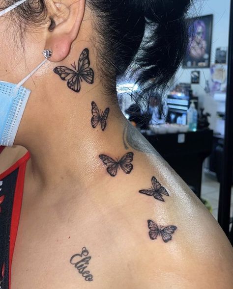 Shoulder Henna, Butterfly Neck Tattoo, Small Neck Tattoos, Behind Ear Tattoos, Unique Butterfly Tattoos, Girl Neck Tattoos, Side Neck Tattoo, Pola Tato, Bauch Tattoos