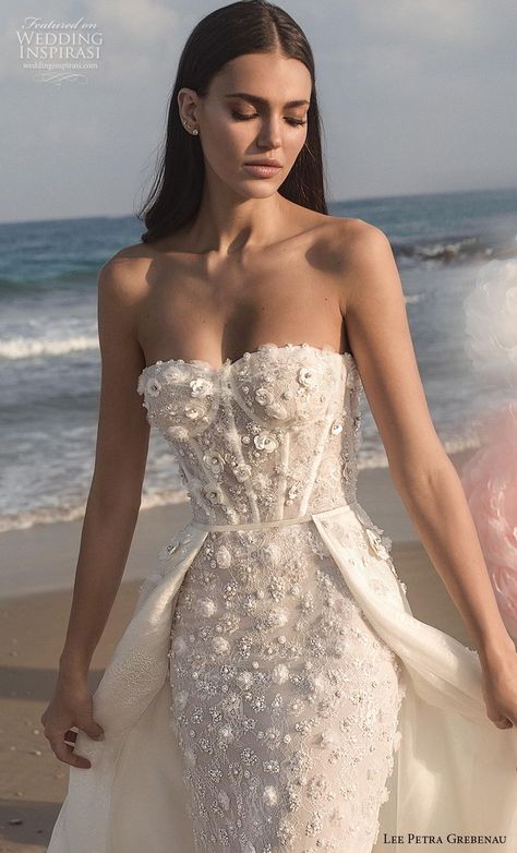 lee petra grebenau fall 2019 bridal strapless sweetheart neckline bustier full embellishment romantic a  line wedding dress overskirt mid back chapel train (3) zv -- Lee Petra Grebenau 2019 Wedding Dresses | Wedding Inspirasi #wedding #weddings #bridal #weddingdress #weddingdresses #bride #fashion  ~ Romantic A Line Wedding Dress, Wedding Dress Overskirt, Lee Petra Grebenau, Making A Wedding Dress, Berta Wedding Dress, A Line Wedding Dress, Chapel Train, Luxury Bridal, Best Wedding Dresses