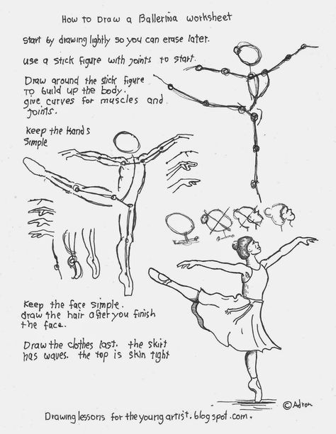 How to draw a Ballerina printable worksheet. See more at the blog: http://drawinglessonsfortheyoungartist.blogspot.com/ Ballet Figure Drawing, Draw A Ballerina, How To Draw Better, Ballerina Printable, Ballerina Drawing, Pencil Drawing Tutorials, Drawing Lesson, 얼굴 그리기, Art Worksheets