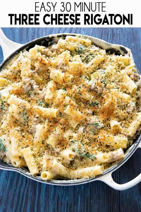 Three Cheese Rigatoni is the 30 minute pasta recipe dreams are made of! Full of three creamy cheeses, Italian Sausage, and a delicious garlic topping! Cheese Rigatoni, Rigatoni Pasta Recipes, Rigatoni Recipes, Noodles Recipes, Favorite Pasta Recipes, Rigatoni Pasta, Mild Italian Sausage, Pasta Dinner Recipes, Three Cheese