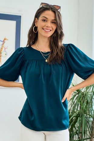 Emerald Teal Blouse | JQ Clothing Co. Teal Blouse Outfit, Teal Shirt, Teal Blouse, Teal Top, Feminine Top, Ruffle Sleeve Blouse, Bubble Sleeve, Comfortable Tops, Teal Color