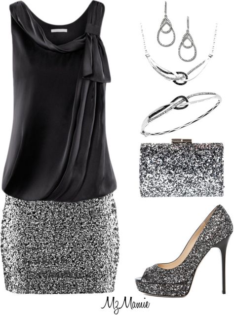 glittery silver and black, a perfect outfit for a weekend night out! Silver Outfit, Bling Party, Fest Outfits, Night Out Outfit, Date Outfits, Black And Silver, Mode Style, Night Outfits, Look Chic