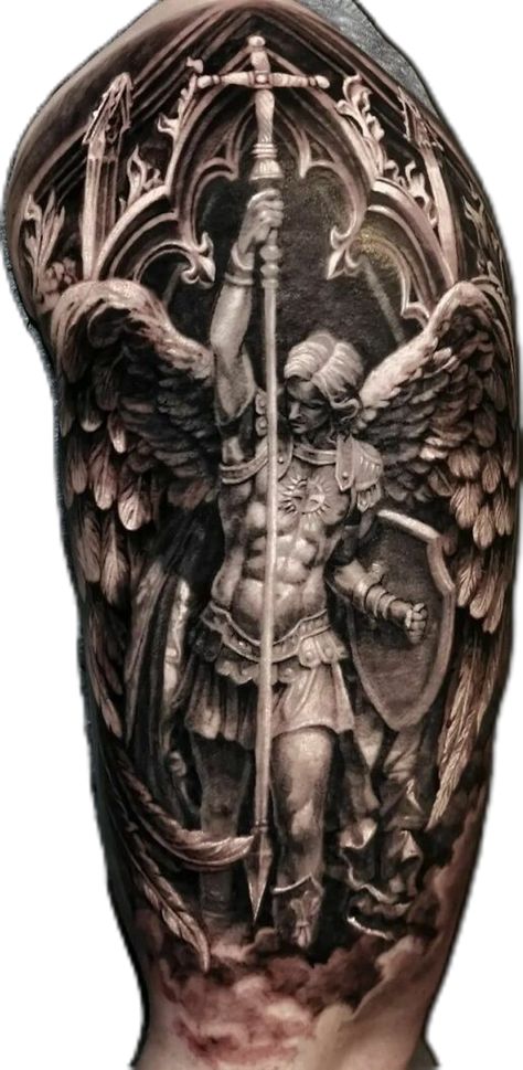 Leg Tattoos Men, Men Tattoos Arm, Jesus Tattoo Sleeve, Religious Tattoo Sleeves, Tattoos Arm Sleeve, Angel Warrior Tattoo, St Michael Tattoo, Guardian Angel Tattoo, Archangel Tattoo