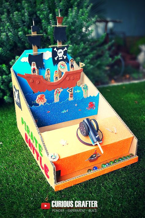 Cardboard Arcade Games Diy, Cardboard Arcade Games, Cardboard Games Diy, Diy Arcade Games, Cardboard Arcade, Pirate Battle, Diy Board Games, Shooting Games For Kids, Cardboard Games