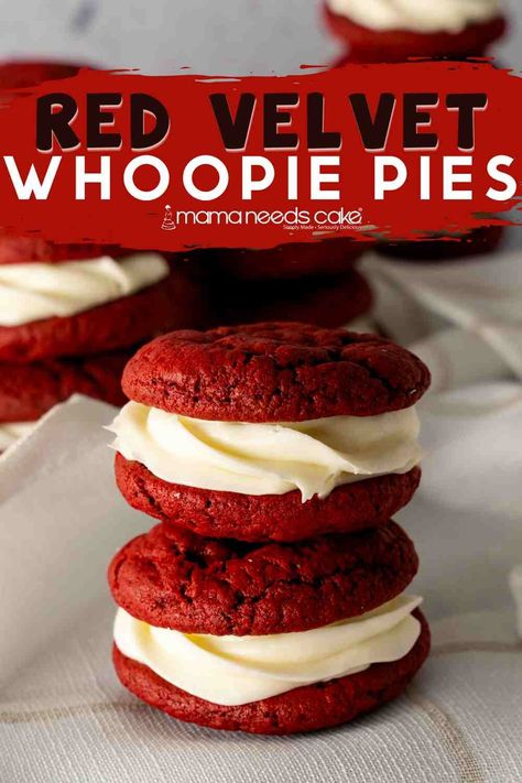 red velvet Whoopie pies in stack Red Velvet Whoopie Pie Recipe, Whoopee Pie, Red Velvet Sandwich Cookies, Red Velvet Desserts, Red Velvet Whoopie Pies, Whoopie Pie Recipe, Cooking Tips And Tricks, Red Velvet Recipes, Velvet Cookies