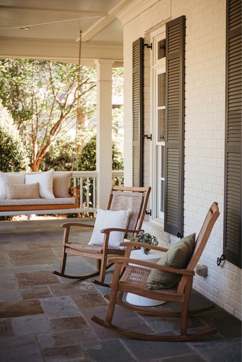 Front Patio Rocking Chairs, Wooden Rocking Chairs Front Porch, Front Porch Two Chairs, Outdoor Furniture For Front Porch, Outside Rocking Chair, Craftsman Front Porch Furniture, Style A Front Porch, Front Porch Chairs Ideas Modern, Outdoor Rockers Rocking Chairs