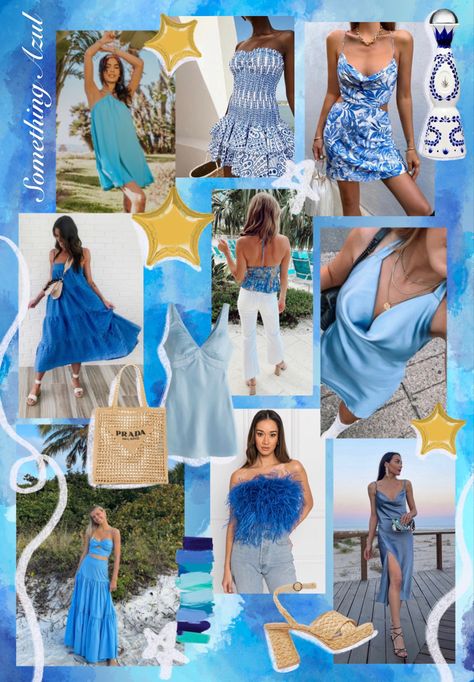 Blue Themed Party Outfit, Blue Outfit Bachelorette, Blue Beach Outfit Aesthetic, Bach Theme Outfits, Light Blue Bachelorette Outfits, Something Blue Bachelorette Outfit, Shades Of Blue Bachelorette Outfits, Bachelorette Something Blue Outfits, Something Blue Themed Bachelorette