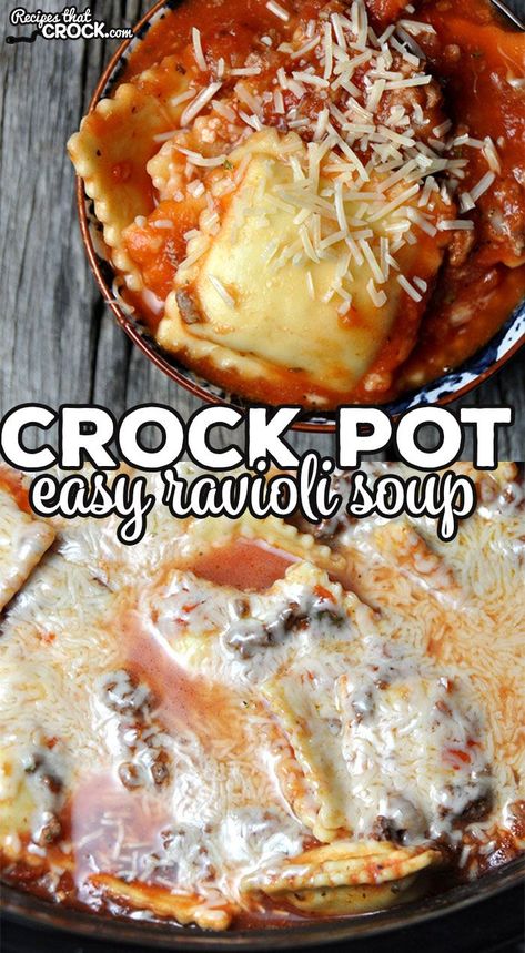 Easy Crock Pot Ravioli Soup - Recipes That Crock! This Easy Crock Pot Ravioli Soup is not only super easy, it is also super flavorful! My family devoured it the first night and the leftovers! Crock Pot Ravioli, Crock Pot Easy, Crockpot Ravioli, Ravioli Soup, Ravioli Recipe, Crockpot Soup Recipes, The Leftovers, Crock Pot Soup, Crock Pot Slow Cooker