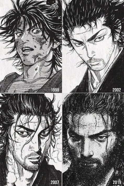 Vagabond art evolution Vagabond Art, Art Evolution, Miyamoto Musashi Art, Takehiko Inoue, Black And White Drawings, Vagabond Manga, Samurai Artwork, Miyamoto Musashi, Samurai Art