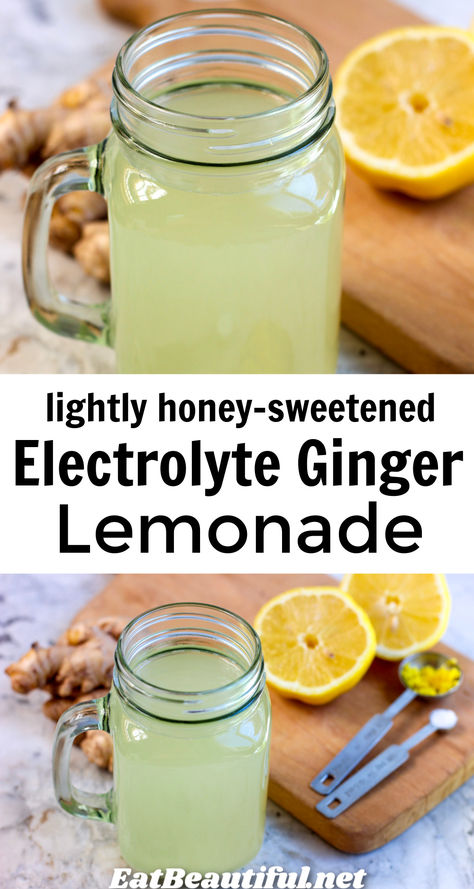 Electrolyte Ginger Lemonade is perfectly satisfying, thirst quenching, rejuvenating and delicious. You've found what just might be the quintessential electrolyte drink recipe. Enjoy when the weather is hot, or with exertion! This recipe is refined sugar-free, sweetened lightly with honey. | summer | drinks Homemade Electrolyte Drink Recipes Natural, At Home Energy Drink, Lemon Ginger Elixer, Ginger Lemon Water Recipes, What Are Electrolytes, Gut Drink Recipe, Honey Ginger Lemonade, Green Tea Electrolyte Drink, Coconut Electrolyte Drink