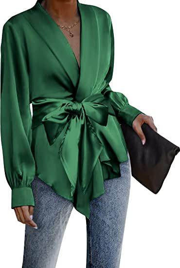 Amazon.com: ACEVOG Women's Satin Blouse Wrap Tie Waist or Open Front Shirt Silk Drape Dressy Long Sleeve Top : Clothing, Shoes & Jewelry Tie Front Top Pattern, Work Cardigan, Satin Wrap Top, Chiffon Shirt Blouse, Top Satin, Silk Blazer, Silk Cardigan, Wrap Shirt, Drape Cardigan