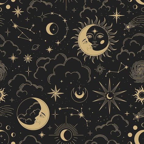 Moon Pattern Design, Zodiac Circle, Sun And Moon Tarot, Valentines Illustration, Stars Gold, Moons And Stars, Galaxy Pattern, Wallpaper Project, Witchy Wallpaper