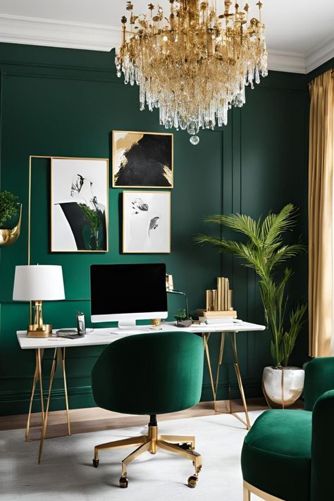 Emerald Green Home Office Ideas, Emerald Home Office, Bright Green Office, Emerald Office Decor, Emerald Green Office Ideas, Emerald Green Office Decor, Office Interior Design Green, Dark Green Office Ideas, Green Study Room