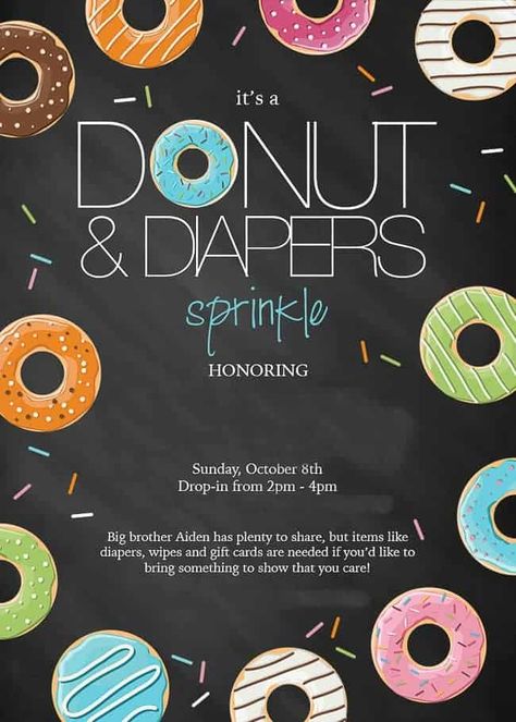 Honor your favorite mom with a Diapers and Donuts Baby Shower Sprinkle and practical gifts of all things diaper related. Includes a FREE printable invitation! Diaper Party Invitations, Baby Boy Sprinkle, Sprinkle Shower, Sprinkle Party, Baby Sprinkle Invitations, Baby Shower Vintage, Sprinkle Invitations, Sprinkle Baby Shower, Free Printable Invitations