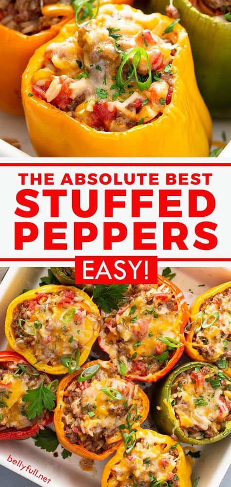 These easy Stuffed Peppers start with gorgeous multi-colored bell peppers, filled with a hearty mix of ground beef, rice, tomatoes, and seasonings, then finished with cheese and baked until tender. It's a perfect all in one healthy, delicious dinner that your family will love! Stuffed Bell Peppers With Ground Turkey And Rice, Stuffed Bell Peppers With Corn, Stuffed Bell Peppers Raw Ground Beef, Pioneer Woman Stuffed Peppers, Stuffed Mini Peppers With Ground Beef, Healthy Stuffed Bell Peppers Ground Beef, Orzo Stuffed Peppers, Best Stuffed Peppers Recipe, Ground Beef Stuffed Peppers