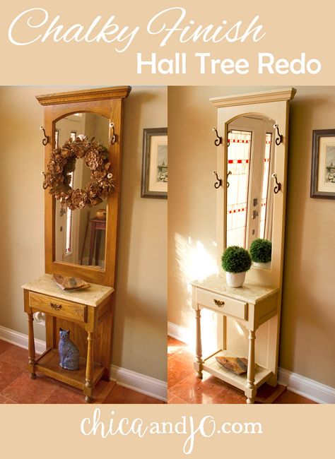 Chalk paint hall tree redo with @decoart Chalky Finish and @homerightps paint sprayer. #decoartprojects #chalkpaint Hall Tree Makeover, Hall Tree With Mirror, Antique Hall Tree, Door Diy Projects, Hall Stairs, Hall Trees, Chalky Paint, Entryway Cabinet, Hall Stand