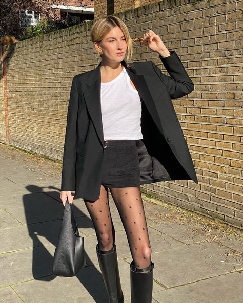 Camille Charriere on Instagram: ��“Bring your beach shorts to work day” Sheer Tights Outfit Winter, Polka Dot Tights Outfit, Tights Top, Black Tights Outfit, Camille Charriere, Polka Dot Tights, Dress With Stockings, Sheer Tights, Fashion Tights