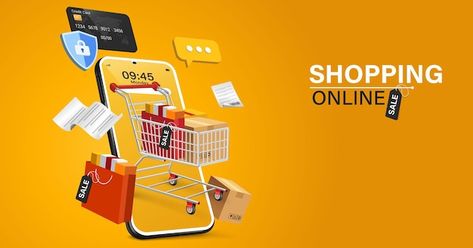 Online shopping concept shopping cart wi... | Premium Vector #Freepik #vector #online-market #digital-store #online-store #internet-shop Logo For Shopping Online, Ecommerce Store Design, Online Store Cover Photo, Online Store Logo Design Ideas, Ecommerce Banner Design Ideas, Online Shopping Poster Design, Store Banner Design, E Commerce Web Design, Online Shopping Images