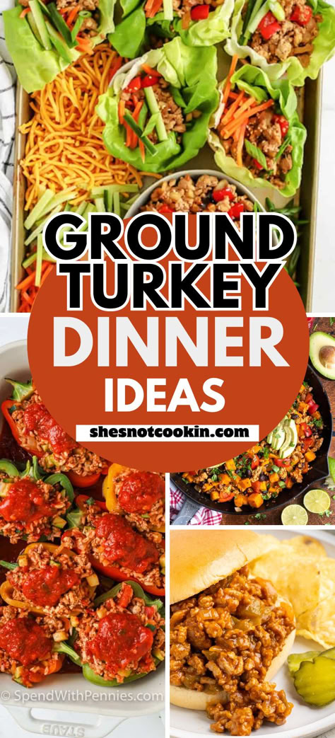 Photo collage of ground turkey dinner ideas with text overlay. Recipes For Ground Turkey Dinners, Flavorful Ground Turkey Recipes, Healthy Meals With Ground Turkey Low Carb, Turkey Protein Meals, Easy Turkey Dinner Recipes Thanksgiving, Cauliflower And Ground Turkey Recipes, Easy Quick Ground Turkey Recipes, Easy Ground Turkey Burger Recipes, Ground Turkey Taco Bake