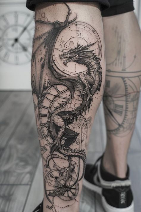 Dragon Tattoo Leg, Mens Body Tattoos, Black Dragon Tattoo, Celtic Dragon Tattoos, Leg Tattoo Ideas, Lower Leg Tattoos, Dragon Tattoo Ideas, Tattoo Catalog, Dragon Tattoo Art