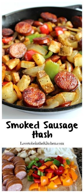 Smoked Sausage Hash- Ready in only 20 minutes! A flavorful mix of hearty smoked sausage, crispy potatoes and colorful vegetables. This dish is perfect for any meal of the day. Smoked Sausage Recipes, Sausage Hash, Sausage Dinner, Sausage Dishes, Colorful Vegetables, Meal Of The Day, Hash Browns, Crispy Potatoes, Smoked Sausage