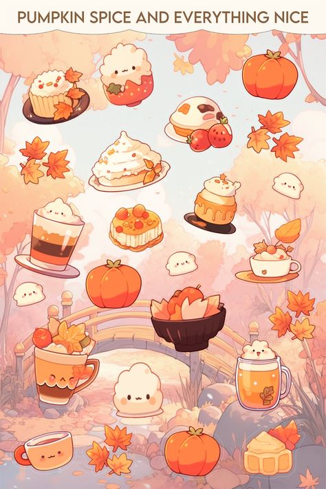 The "Pumpkin Spice and Everything Nice" kawaii fall sticker sheet is a delightful collection of autumn-themed stickers that capture the essence of the season in the most adorable way possible. Each sticker features charming depictions of smiling pumpkins, cozy drinks, friendly forest creatures, and steaming cups of pumpkin spice latte, all infused with a sugary-sweet kawaii aesthetic. These stickers are designed to add a touch of warmth and whimsy to your fall-inspired crafts, scrapbooks, and de Cute Fall Illustration Art, Fall Cute Drawings, Aesthetic Fall Crafts, Fall Aesthetic Food, Autumn Illustration Fall, Fall Illustration Autumn, Fall Backgrounds Wallpapers, Fall Theme Activities, Cute Fall Art