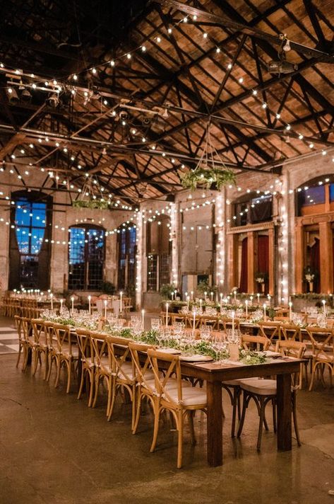 Wedding Venue Ideas Indoor Receptions, Indoor Venue Decoration Wedding, Wedding Reception Lights Indoor, Industrial Venue Wedding, Elegant Industrial Wedding, Rustic Modern Wedding Venues, Wedding Venues Indoor Receptions, Indoor Wedding Venue Ideas, Wedding Venue Ideas Indoor