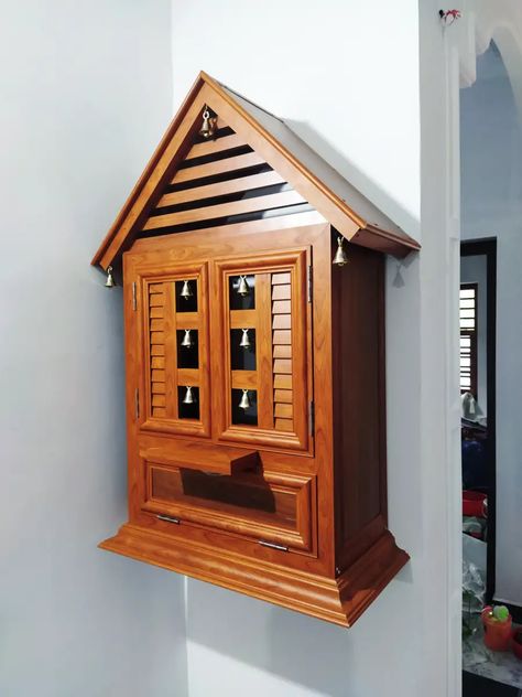 Living Room Kerala, Puja Room Design Indian, Pooja Shelf, Pooja Design, Wooden Temple For Home, Latest Door Designs, Pooja Door, Pooja Unit, Corner Shelf Design