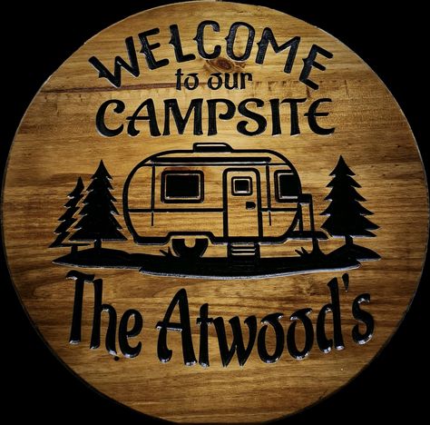 Burnt Wood Signs, Cnc Router Projects Ideas, Wood Engraving Designs, Cnc Signs, Campsite Signs, Circle Signs, 50th Wedding Anniversary Decorations, Woodburning Ideas, Welcome Wood Sign