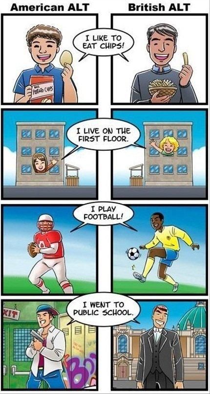 American English alternative vs. British English alternative – funny cartoon Britain Vs America, American English Vs British English, Britain Funny, British Vs American, British English, American English, Funny Tumblr Posts, Memes Humor, Komik Internet Fenomenleri