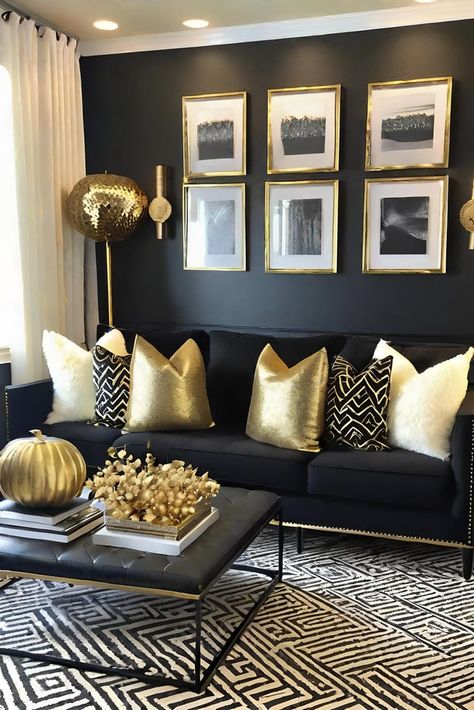 25 Black and Gold Living Room Ideas for Chic Decor Small Living Room Decor Apartment Classy, Modern Black And Gold Interior Design, Black Gold Silver Living Room Decor, Black Front Room Ideas, Black And Gold Living Room Apartment, Black And Gold Living Room Decor Ideas, Living Room Decor Black And Gold, Black Cream And Gold Living Room, Black Painted Walls Living Room