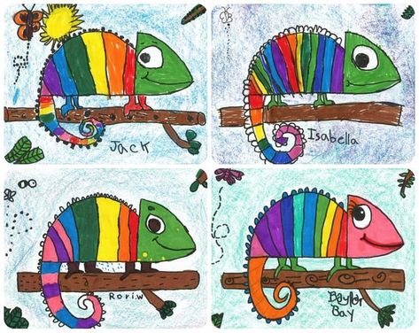 Simple Art Kindergarten, Chameleon Art Project, Elementary Art Lessons 1st Grade, 1st Grade Art Projects Spring, Color Art Projects Elementary, Rainbow Art Ideas, First Grade Art Ideas, Color Art Lessons Elementary, 2nd Grade Art Project