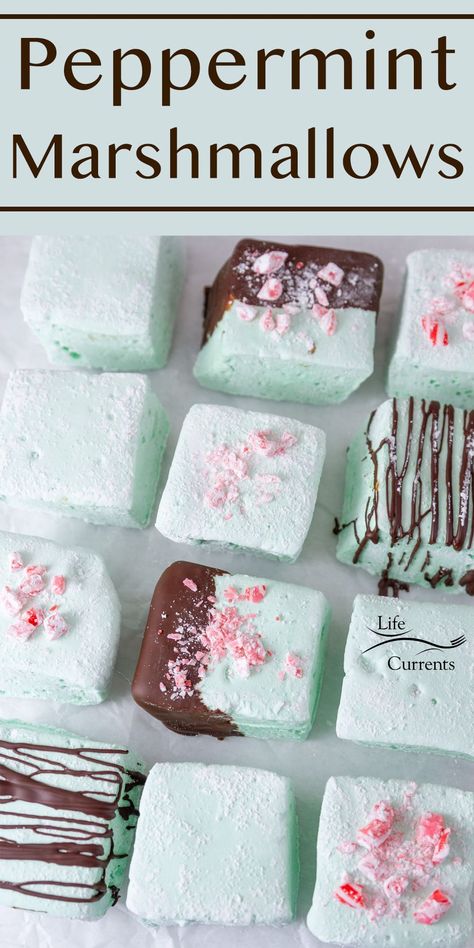 a tray of marshmallows all decorated with chcolate and peppermints, title on top: Peppermint Marshmallows. Marshmallow Slice, Healthy Marshmallows, Decorated Marshmallows, Homemade Marshmallow Recipe, Peppermint Treats, Easter Marshmallow, Gourmet Marshmallow, Delicious Christmas Desserts, Peppermint Marshmallows