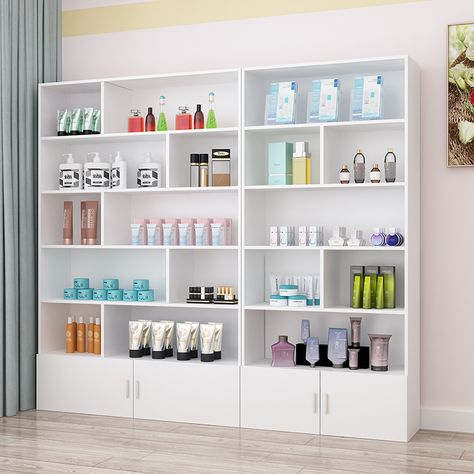 Shop Shelf Design Display, Cosmetic Shelf Design, Shop Shelves Design, Shelf Design For Shop, Cosmetic Shop Interior Design Shelves, Cosmetics Shop Design Store Interiors, Small Cosmetic Shop Interior Design, Wall Unit Decor Ideas, Cosmetic Shop Interior Design