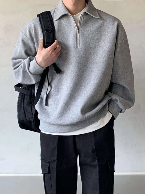 Casual Half Zip Sweatshirt – Shirts In Style Husband Outfits, Men Sweatshirt Outfit, Hot Costume, Men Sweatshirts, Dope Outfits For Guys, Guys Clothing Styles, Men Stylish Dress, Collared Sweatshirt, Fashion Suits For Men