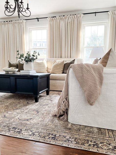 Ivory And Wood Living Room, White And Beige Decor Living Room, Living Room Rug With Light Grey Couch, Gray White Taupe Living Room, Living Room Decor Taupe Couch, Cream And Ivory Living Room, Blush Rug Living Room, Sophisticated Neutral Living Room, Black White Cream Brown Living Room