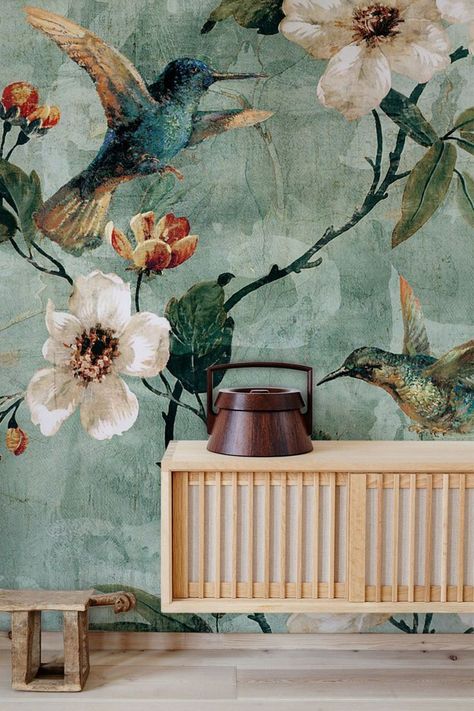 Bird and Floral Wallpaper Mural Vintage Jungle Mural Wallpaper, Floral Wallpaper In Living Room, Funky Bird Wallpaper, Modern Mural Wallpaper, Flower Wallpaper Living Room, Bird Wallpaper Bedroom, New Design Wallpaper, Vintage Bird Wallpaper, Botanical House