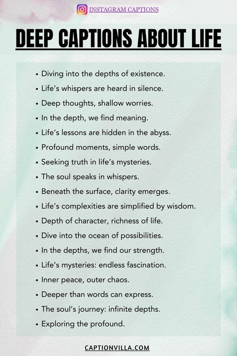 Pinterest pin featuring Instagram captions about life's deeper aspects, including introspective and philosophical options. Delve into the mysteries of existence! #CaptionsForInstagramAboutLife #LifeQuotes #InstagramQuotes #LifeMoments #SelfReflection #Inspiration #InnerJourney Deep Thought Captions, Mysterious Captions, Instagram Captions About Life, Dope Captions For Instagram, Life Captions, Insta Bio Quotes, One Word Instagram Captions, Short Instagram Quotes, Witty Instagram Captions