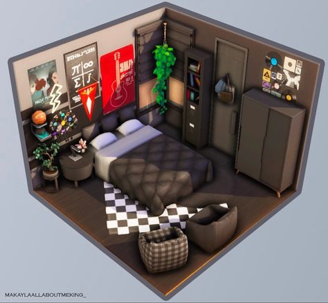 Sims Room Inspiration, Sims 4 Decorating Ideas, Ua Dorm Room Bnha Ideas, Modern Bedroom Sims 4, Sims Bedroom Ideas Base Game, Bedroom Sims 4 Ideas, Sims Room Ideas Bedrooms, Sims 4 Teen Boy Room, Sims Teen Room