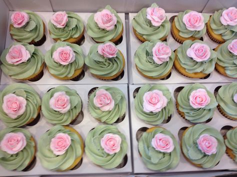 Cupcakes with sage green frosting and pink gum paste roses Safe Green And Pink Baby Shower, Pink And Sage Birthday Party, Sage Green And Pink Cupcakes, Sage And Pink Party, Pink And Green Dessert Table, Sage Green And Blush Pink Quinceanera Theme, Sage Green And Blush Bridal Shower Ideas, Pink And Green Grad Party, Sage Green And Blush Pink Baby Shower Ideas